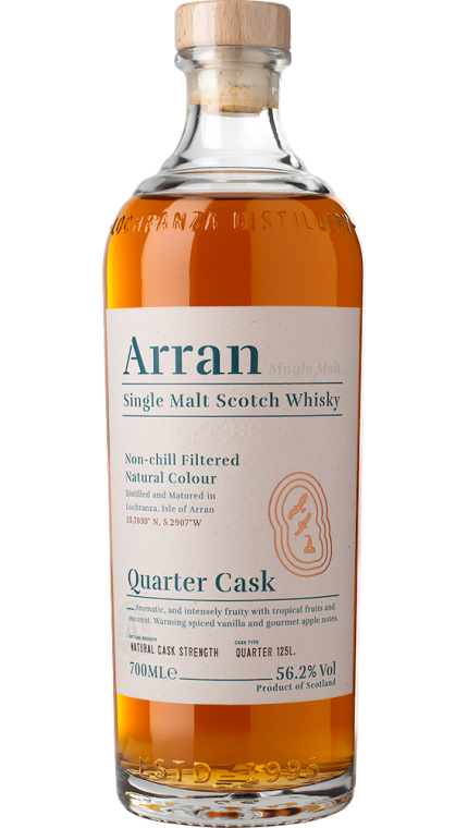 A bottle of Arran The Bothy Quarter Cask Single Malt Whisky 70cl, featuring a non-chill filtered and natural color expression from a quarter cask. It is bottled at 56.2% ABV, with flavor notes of tropical fruits and vanilla.