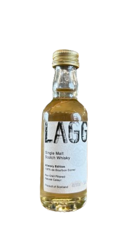 The LAGG Single Malt Kilmory Edition Miniature 5cl, presented in a small clear bottle with a gold cap, features the label "100% ex-Bourbon Barrel finishes, Non-Chill Filtered, Natural Colour, Product of Scotland." This whisky exhibits a light amber hue.