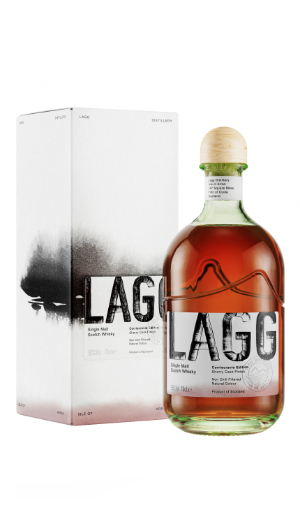 A bottle of LAGG Single Malt Corriecravie Edition 70cl with a light amber color stands next to its box, which displays an abstract design featuring the LAGG logo prominently in bold letters.