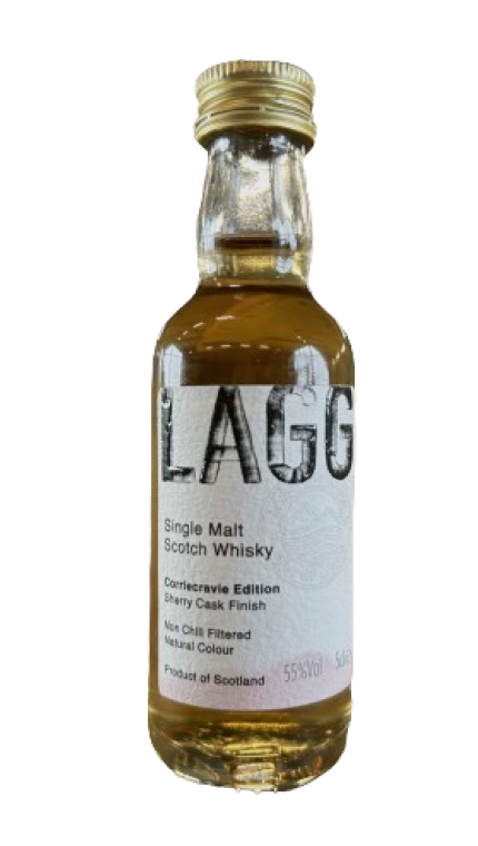 A 5cl miniature bottle of LAGG Single Malt Corriecravie Edition presents a rich experience with Sherry and Cask finishes, featuring a strong 55% ABV, Non Chill Filtered, and Natural Colour. This Scottish creation is truly suited for the connoisseur's palate.