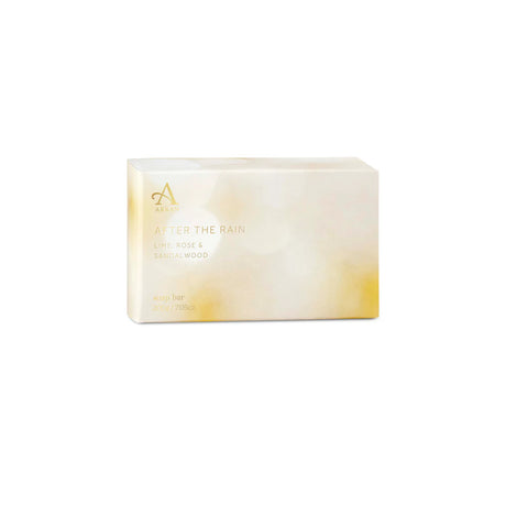 A light beige rectangular package with a white gradient displays the brand name "ARRAN" and the product name "After The Rain Soap 200g," featuring "Lime, Rose & Sandalwood" and "soap bar 200g/7.0oz" written below.