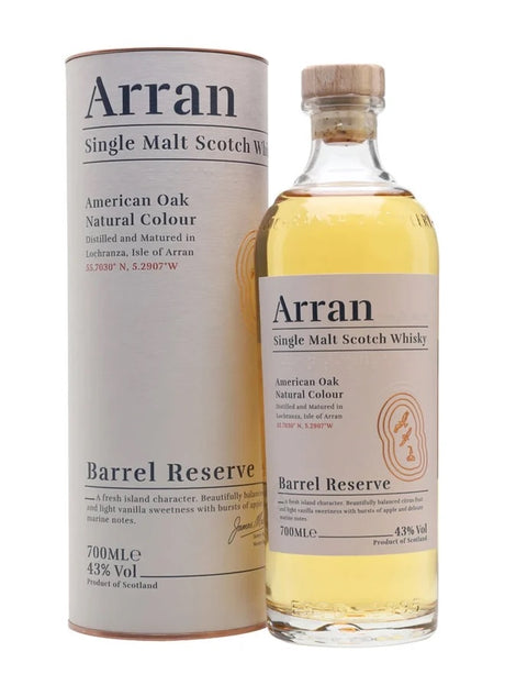 A bottle of Arran Barrel Reserve Single Malt Whisky, alongside its cylindrical box. The label specifies that it is crafted from American Oak with a natural color, presented in a 70cl bottle at 43% vol, originating from Scotland.