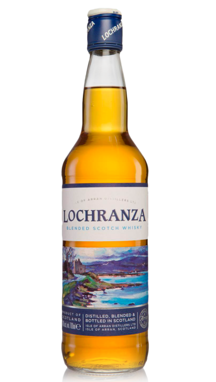 A 70cl bottle of Lochranza Blended Scotch Whisky with a stunning landscape label showcasing a coastal scene, capped with a metal top and featuring a clear neck to display the amber liquid inside.