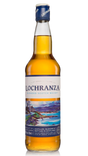 A 70cl bottle of Lochranza Blended Scotch Whisky with a stunning landscape label showcasing a coastal scene, capped with a metal top and featuring a clear neck to display the amber liquid inside.