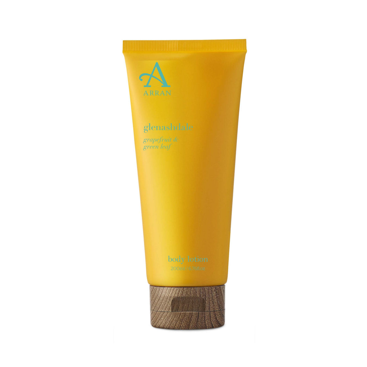 A 200ml tube of Glenashdale Body Lotion, featuring a grapefruit and green leaf scent in a yellow packaging with blue text and a wooden-look cap.