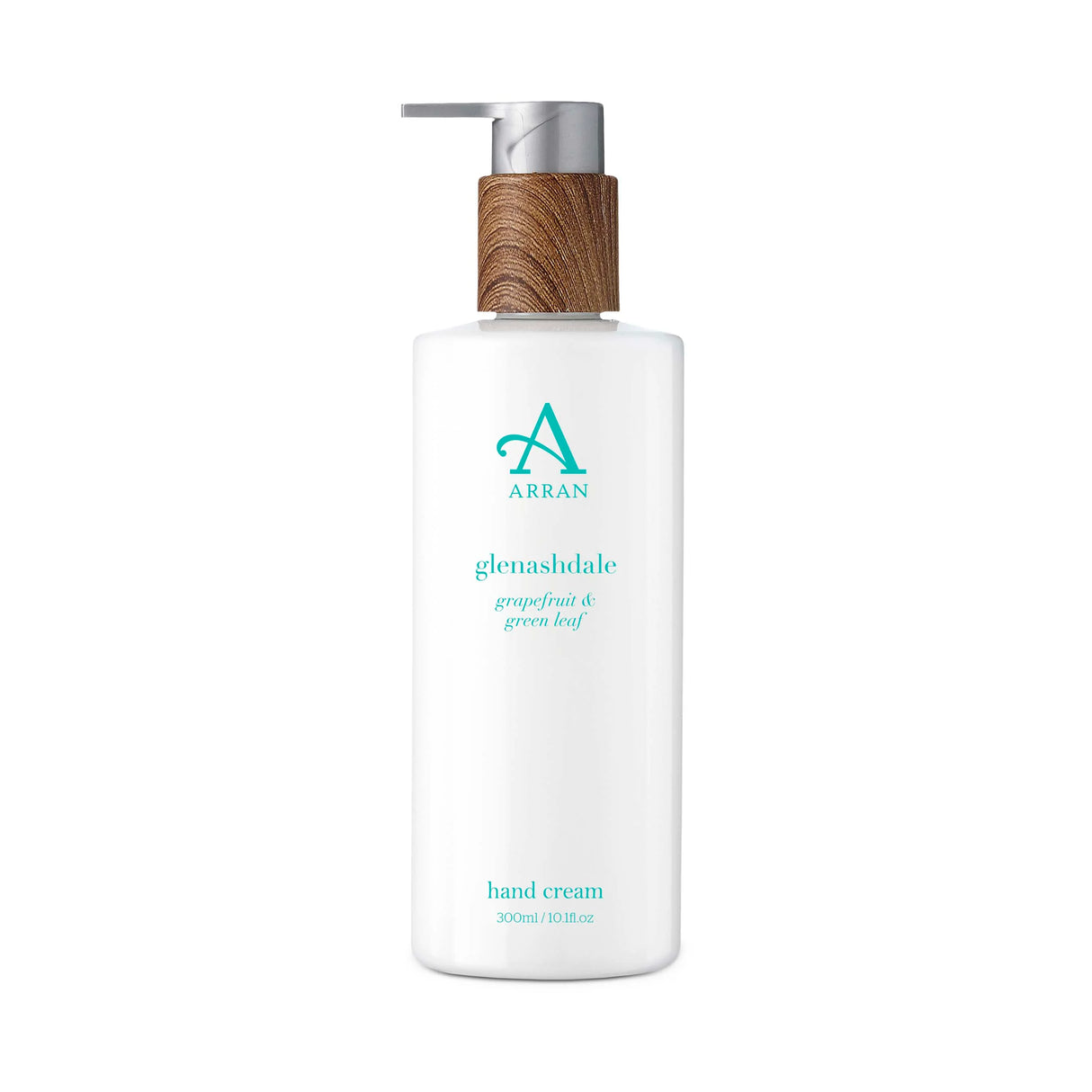 Arran Glenashdale Hand Cream in a white bottle features a wooden pump, labeled with "Glenashdale, grapefruit & green leaf" and has a volume of 300ml / 10.1 fl oz.