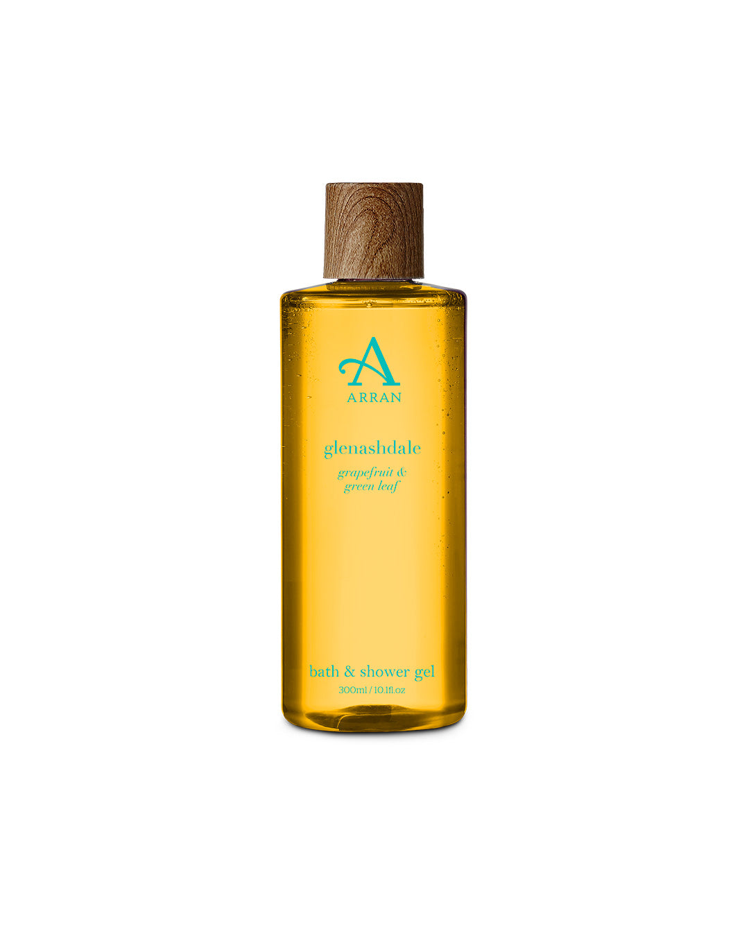 A 300ml clear bottle labeled "Glenashdale Shower Gel" with a wooden cap, containing light amber liquid suitable for bath and shower use.