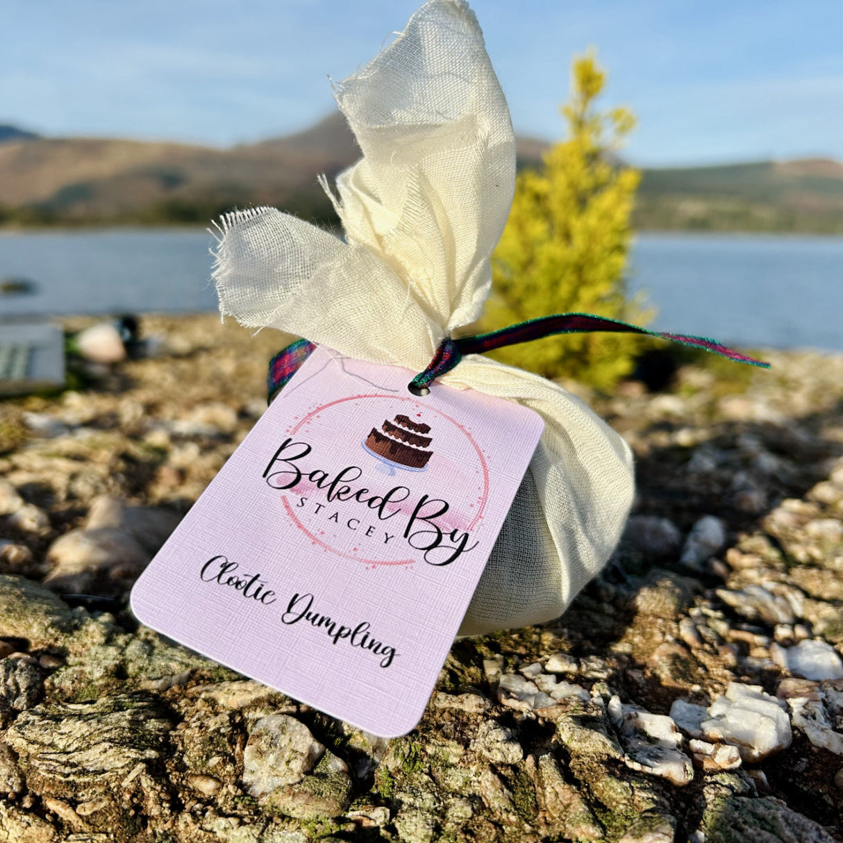 An Authentic Clootie Dumpling by Baked By Stacey rests on a rocky ledge, overlooking the serene waters and distant hills of an Isle of Arran lake, creating a perfect setting for a Burns Night feast.