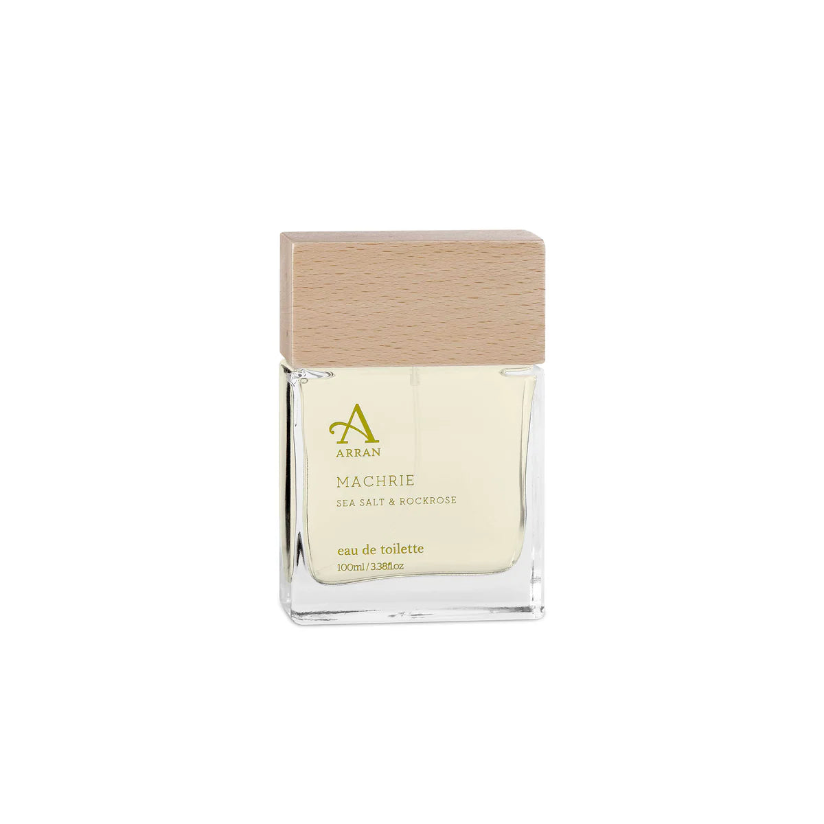 The Machrie Eau de Toilette 100ml by Arran Sense of Scotland features a clear glass bottle that emanates sea salt and rockrose fragrances. Its minimalist design includes a wooden cap, and the straightforward label elegantly presents the product name along with its volume (100ml/3.38 fl oz).