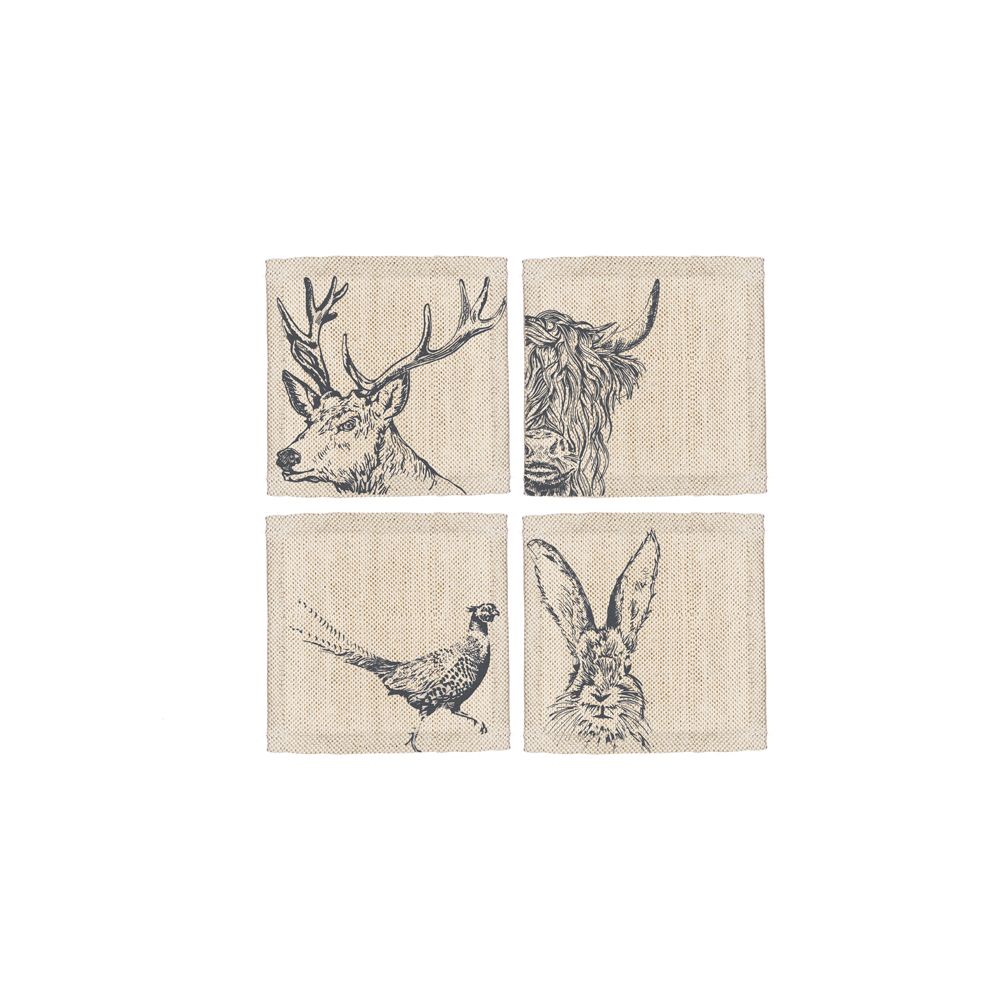 4 Linen Coasters - Country Animals