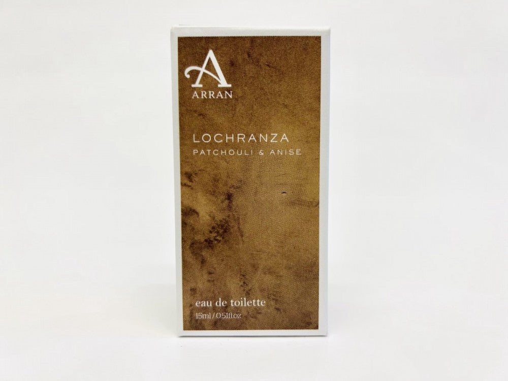 A white box adorned with a brown textured design prominently features "Arran" at the top. Below, the product details "Lochranza Eau de Toilette," along with "Patchouli & Anise," are elegantly printed, specifying the volume as 15ml / 0.51fl oz.